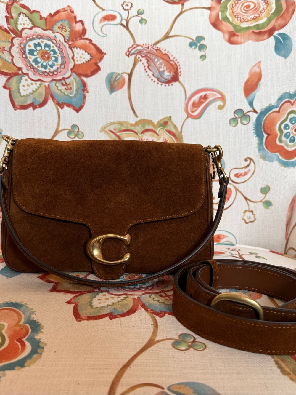 Coach Tabby Brown Suede Crossbody with Gold 'C' Hardware